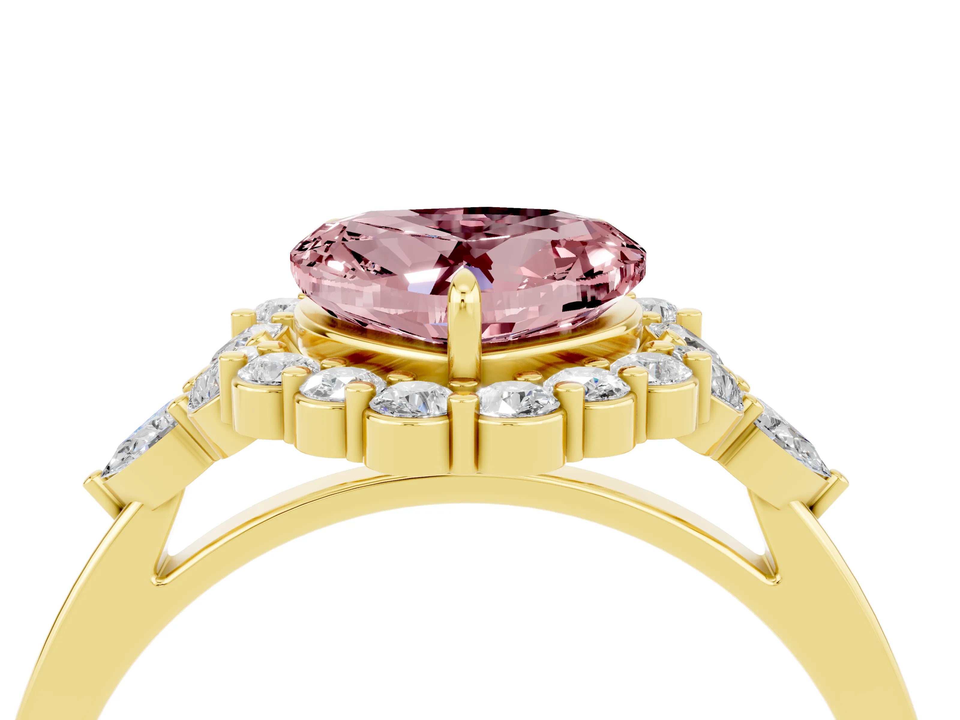 Yellow gold Heart Cut Morganite Halo Ring with Pear Side Stones and Prong Setting_16