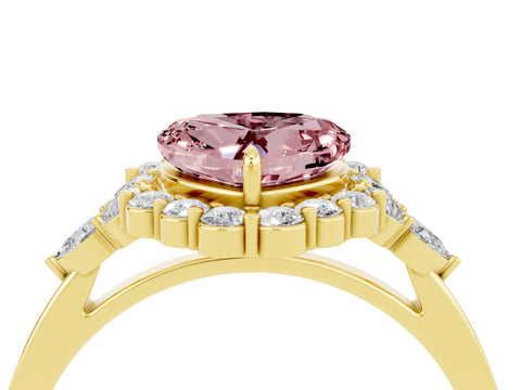 Yellow gold Heart Cut Morganite Halo Ring with Pear Side Stones and Prong Setting_16