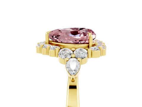 Yellow gold Heart Cut Morganite Halo Ring with Pear Side Stones and Prong Setting_17