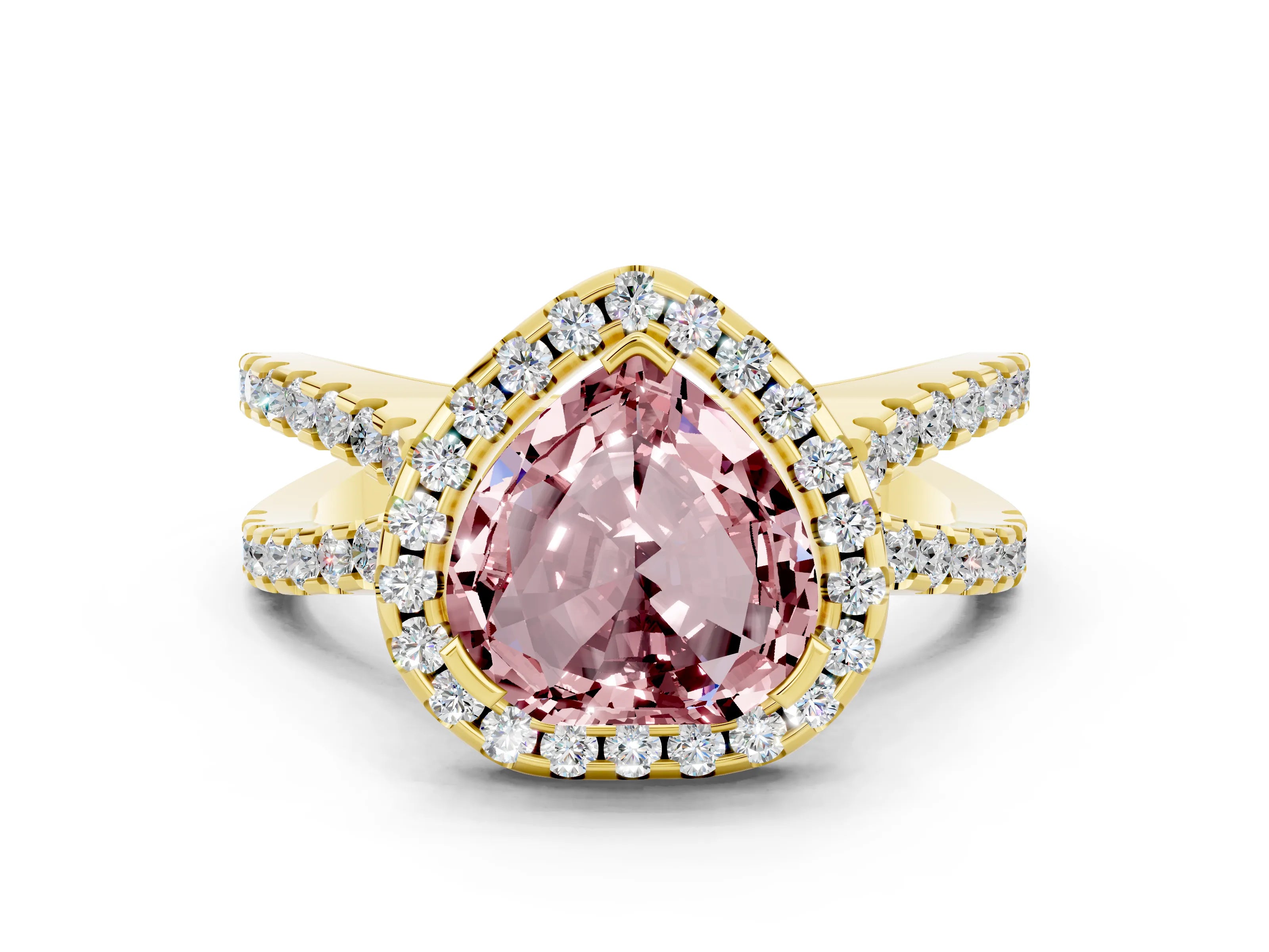 Yellow gold Heart Cut Morganite Halo Ring with Split Shank Pavé Band and Prong Setting