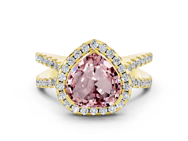 Yellow gold Heart Cut Morganite Halo Ring with Split Shank Pavé Band and Prong Setting