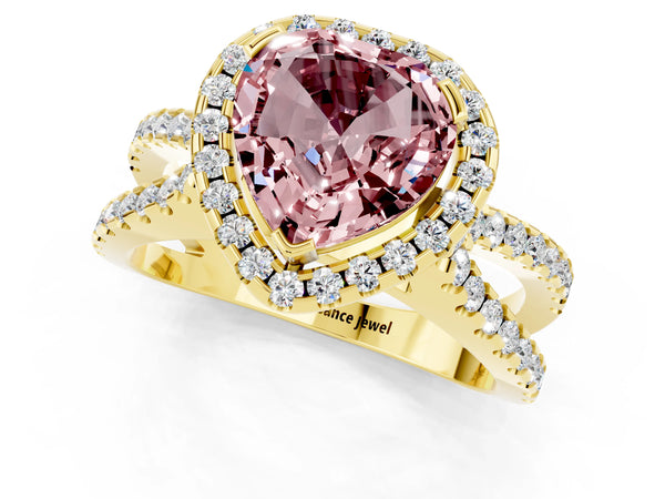 Yellow gold Heart Cut Morganite Halo Ring with Split Shank Pavé Band and Prong Setting