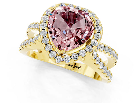Yellow gold Heart Cut Morganite Halo Ring with Split Shank Pavé Band and Prong Setting_1