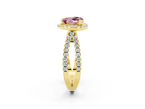 Yellow gold Heart Cut Morganite Halo Ring with Split Shank Pavé Band and Prong Setting_2