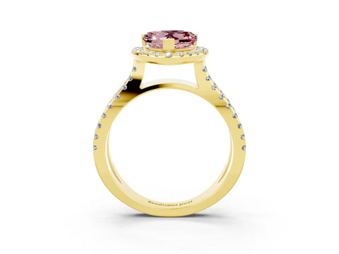 Yellow gold Heart Cut Morganite Halo Ring with Split Shank Pavé Band and Prong Setting_3