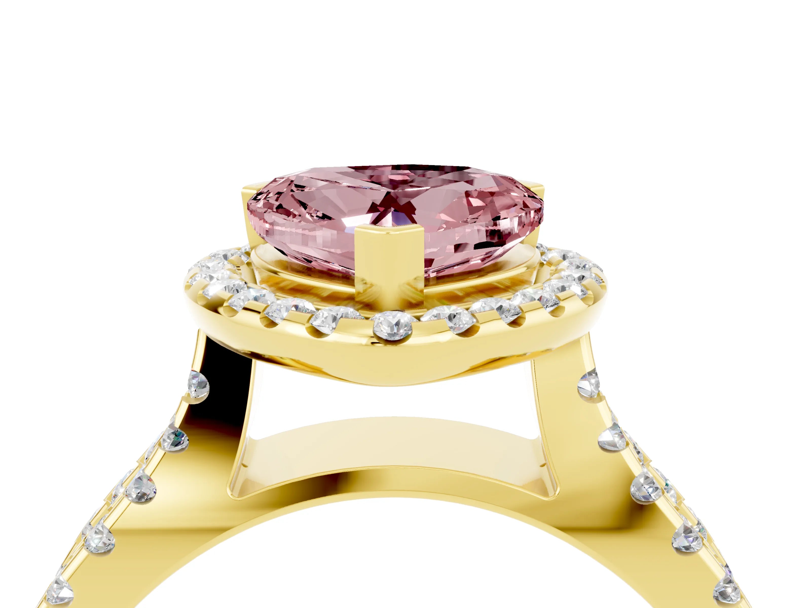 Yellow gold Heart Cut Morganite Halo Ring with Split Shank Pavé Band and Prong Setting_4