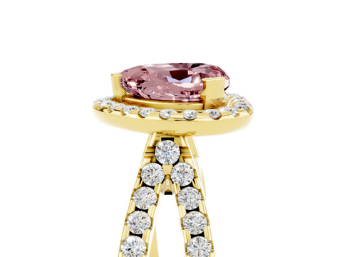 Yellow gold Heart Cut Morganite Halo Ring with Split Shank Pavé Band and Prong Setting_5