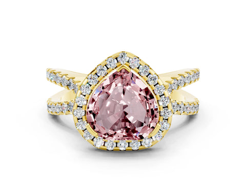 Yellow gold Heart Cut Morganite Halo Ring with Split Shank Pavé Band and Prong Setting