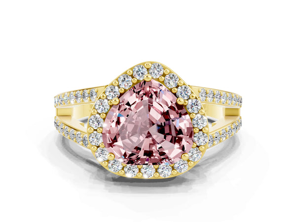 Yellow gold Heart Cut Morganite Halo Ring with Split Shank U-Prong Band and Four-Prong Setting