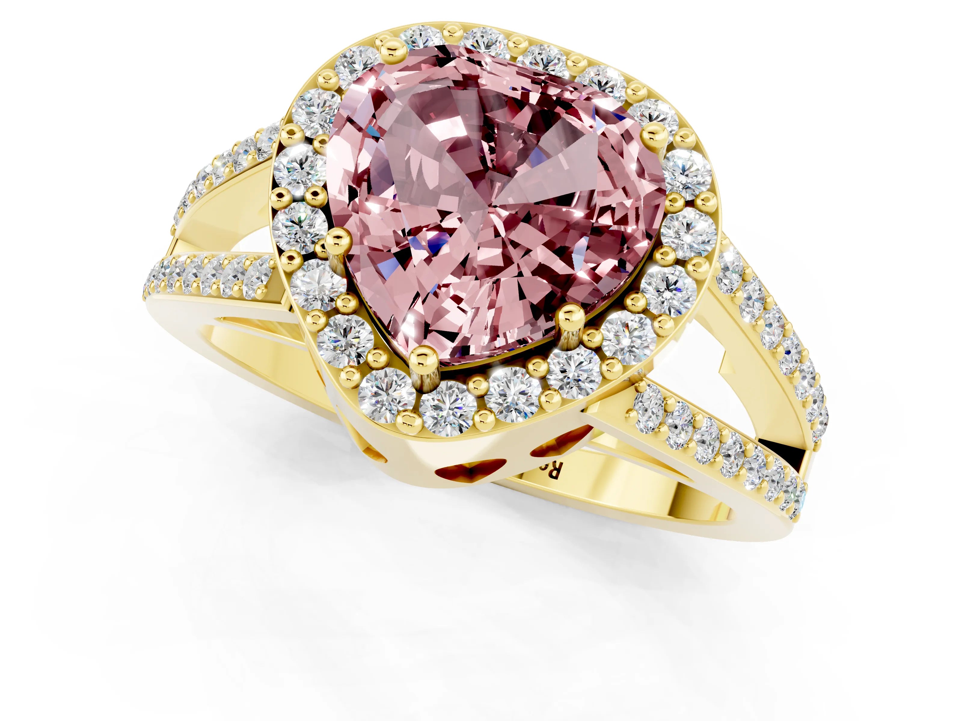 Yellow gold Heart Cut Morganite Halo Ring with Split Shank U-Prong Band and Four-Prong Setting_1
