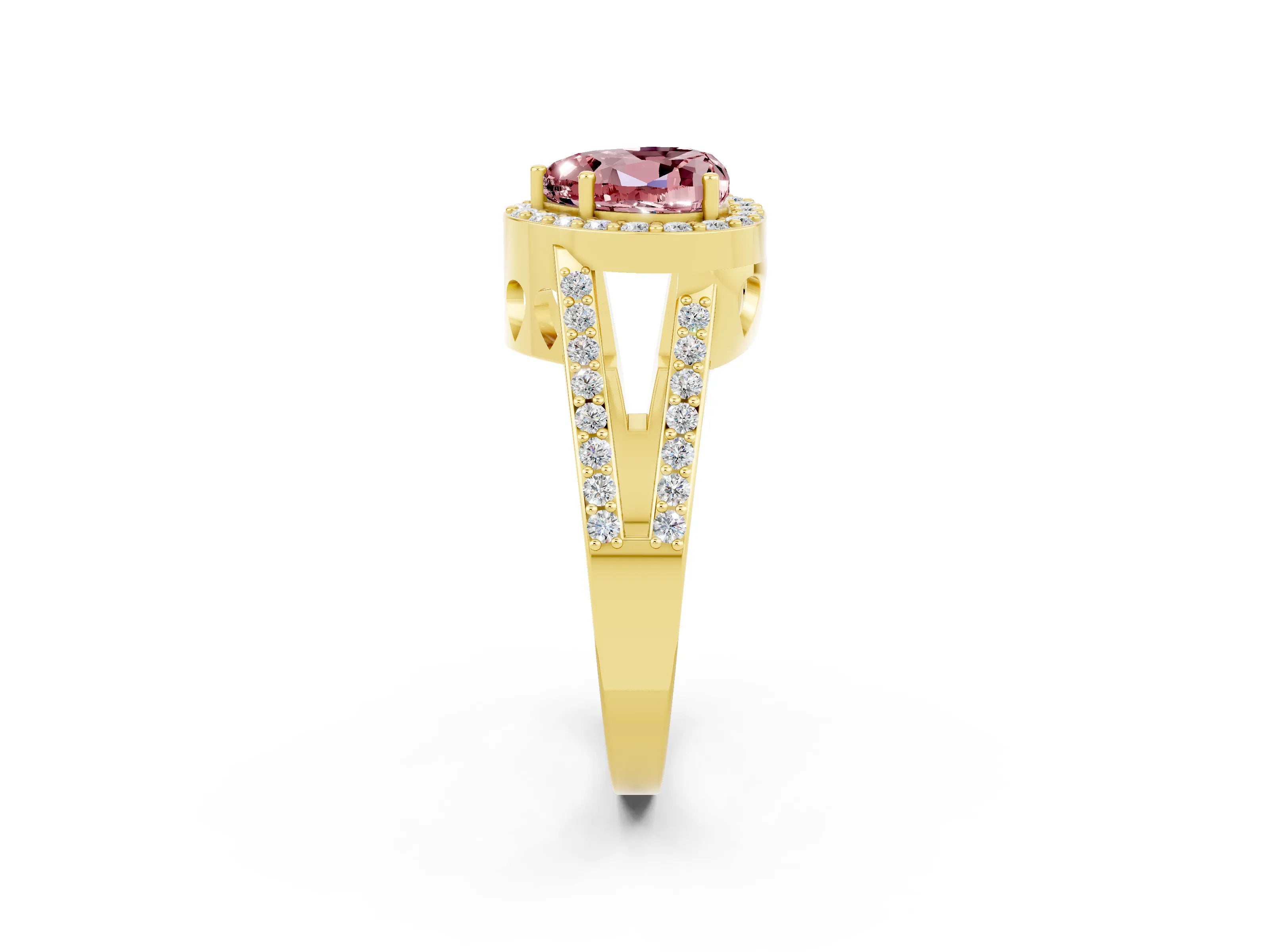 Yellow gold Heart Cut Morganite Halo Ring with Split Shank U-Prong Band and Four-Prong Setting_2