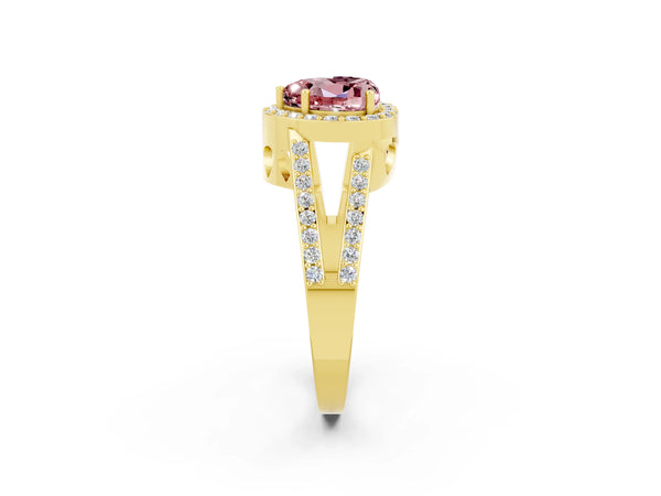 Yellow gold Heart Cut Morganite Halo Ring with Split Shank U-Prong Band and Four-Prong Setting