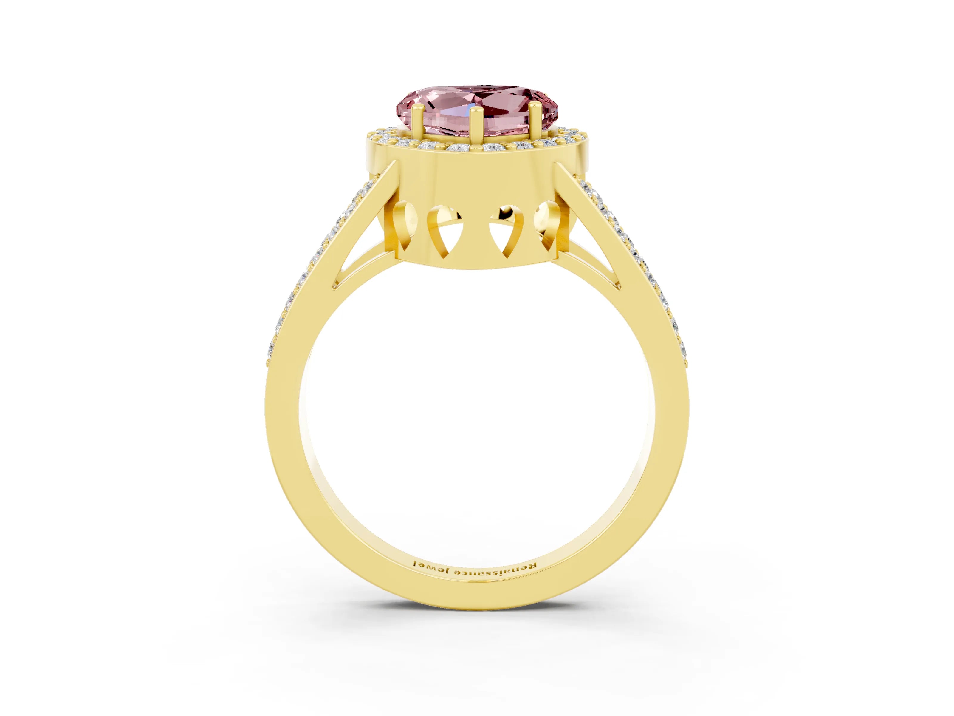 Yellow gold Heart Cut Morganite Halo Ring with Split Shank U-Prong Band and Four-Prong Setting_3