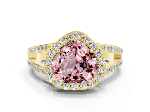 Yellow gold Heart Cut Morganite Halo Ring with Split Shank U-Prong Band and Four-Prong Setting