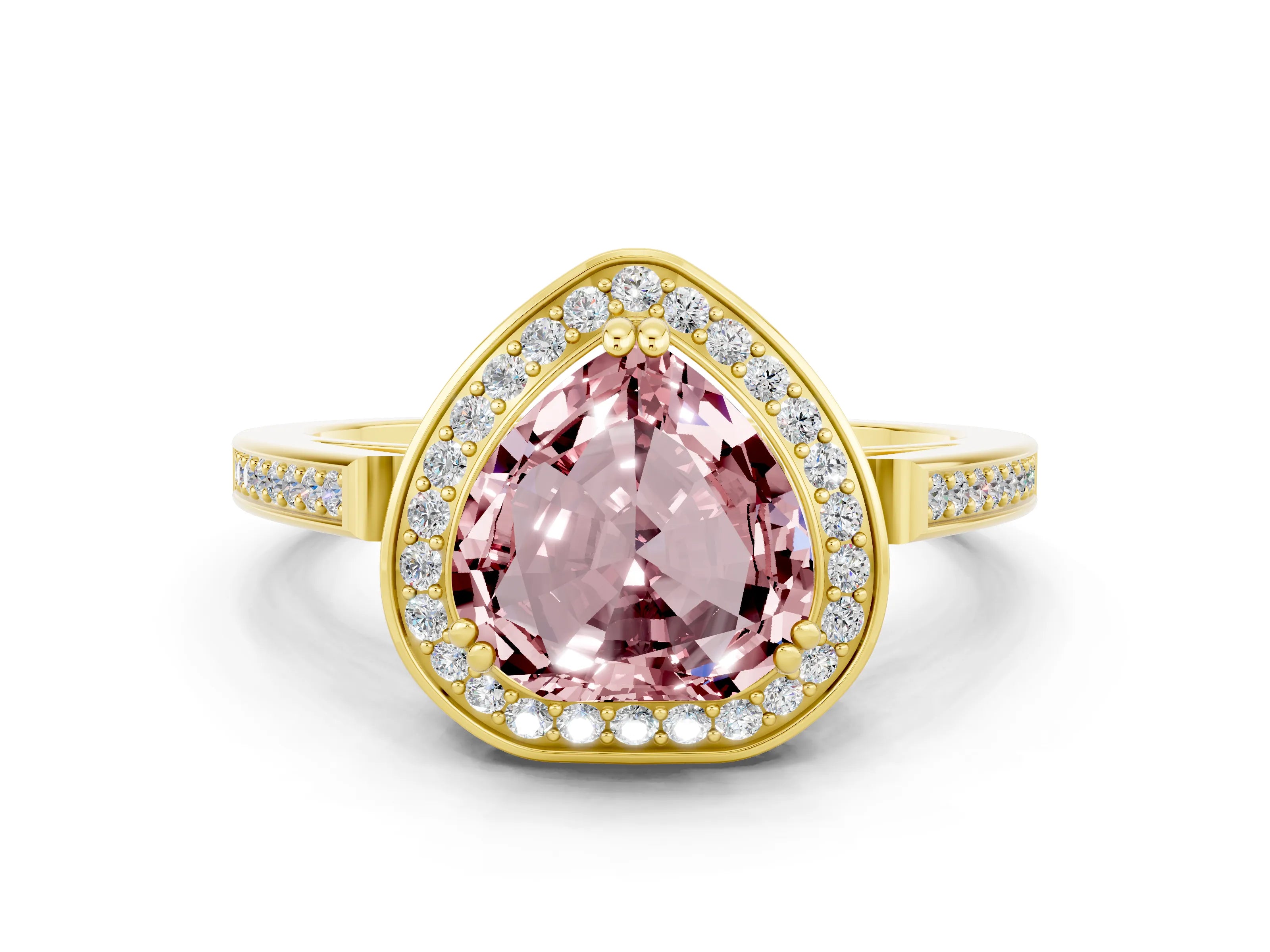 Yellow gold Heart Cut Morganite Halo Ring with Split Shank and Four-Prong Setting