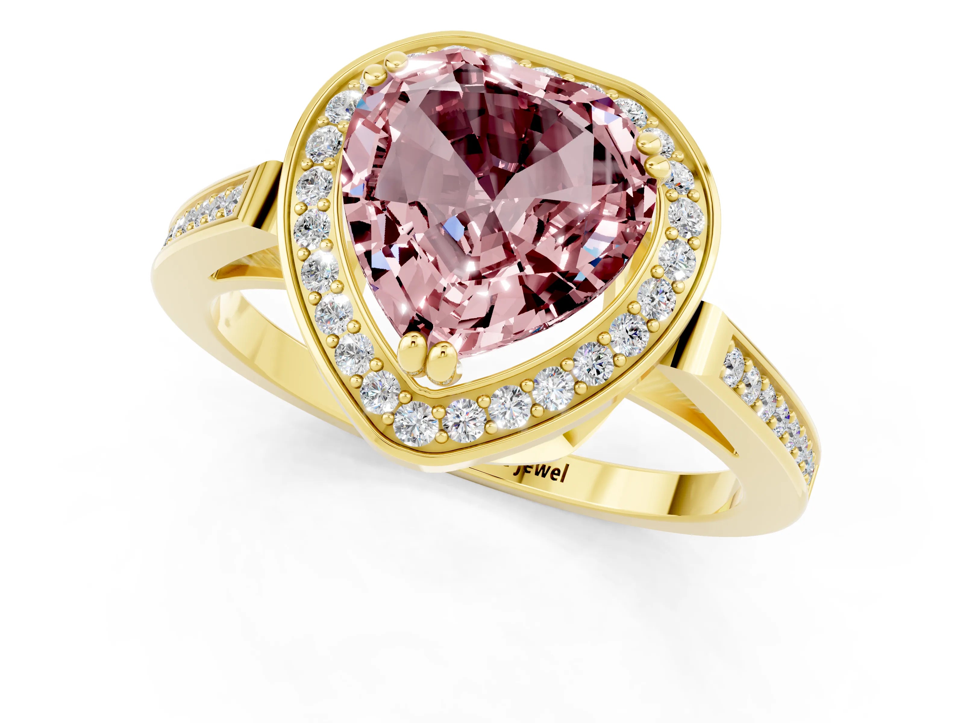 Yellow gold Heart Cut Morganite Halo Ring with Split Shank and Four-Prong Setting_1