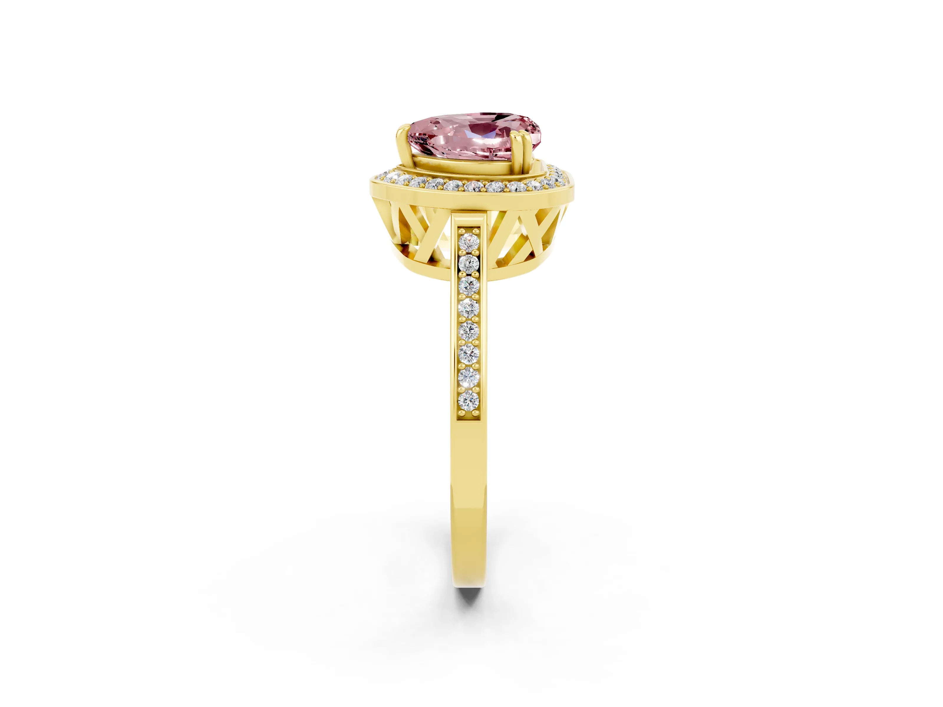 Yellow gold Heart Cut Morganite Halo Ring with Split Shank and Four-Prong Setting_2