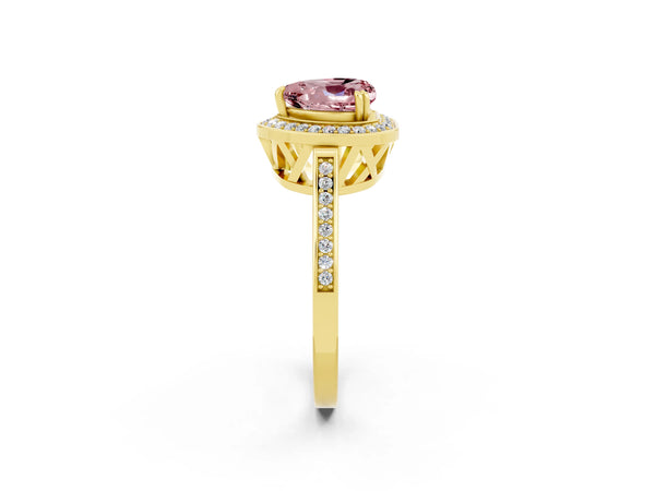 Yellow gold Heart Cut Morganite Halo Ring with Split Shank and Four-Prong Setting