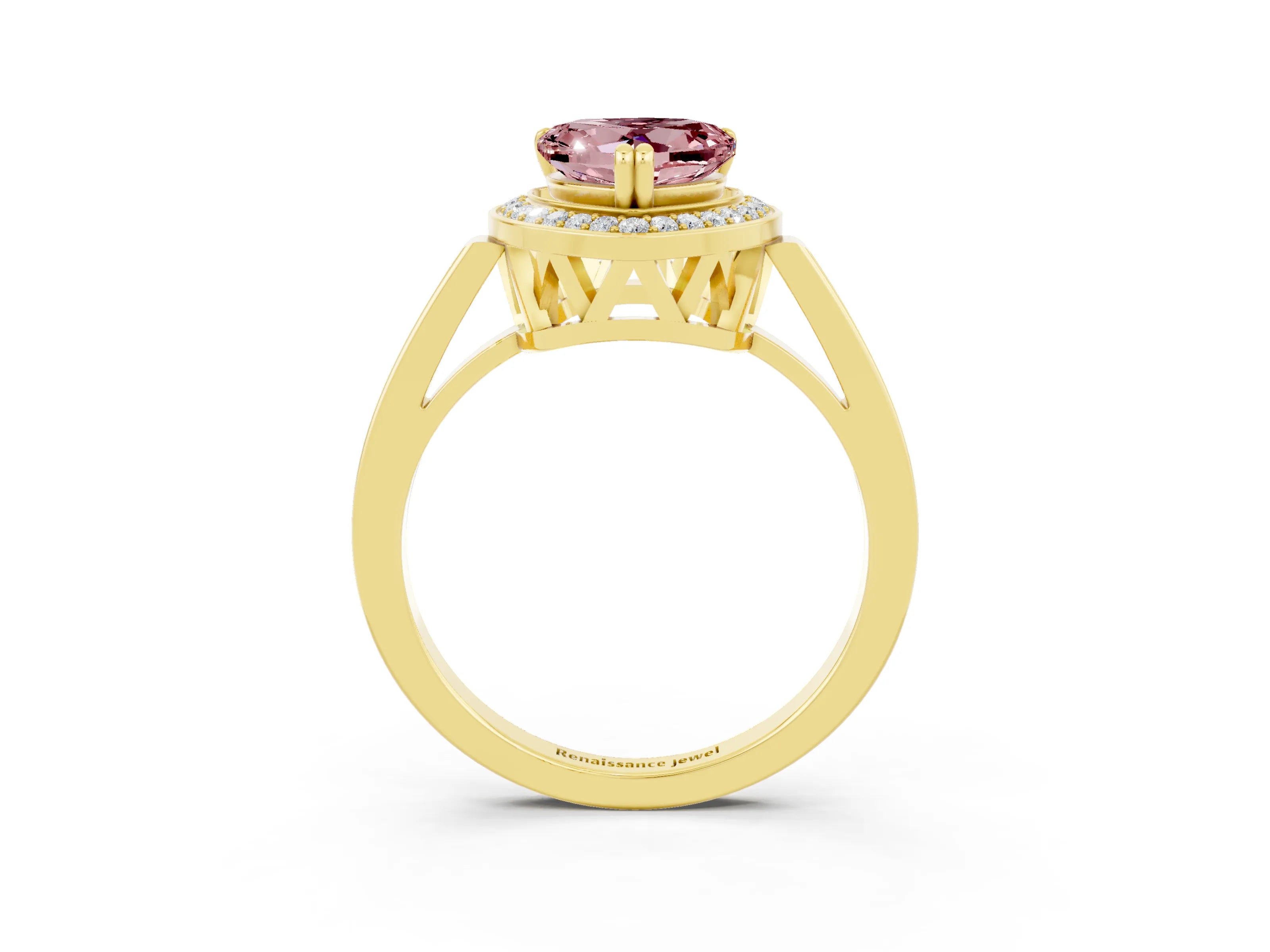 Yellow gold Heart Cut Morganite Halo Ring with Split Shank and Four-Prong Setting_3