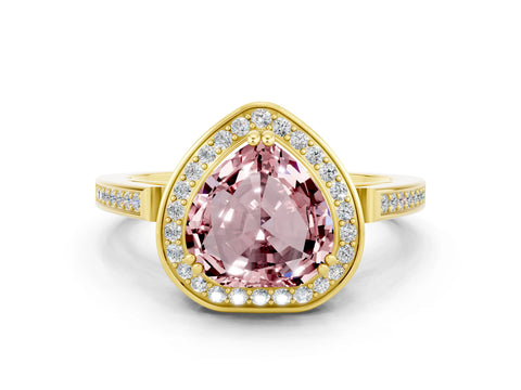 Yellow gold Heart Cut Morganite Halo Ring with Split Shank and Four-Prong Setting
