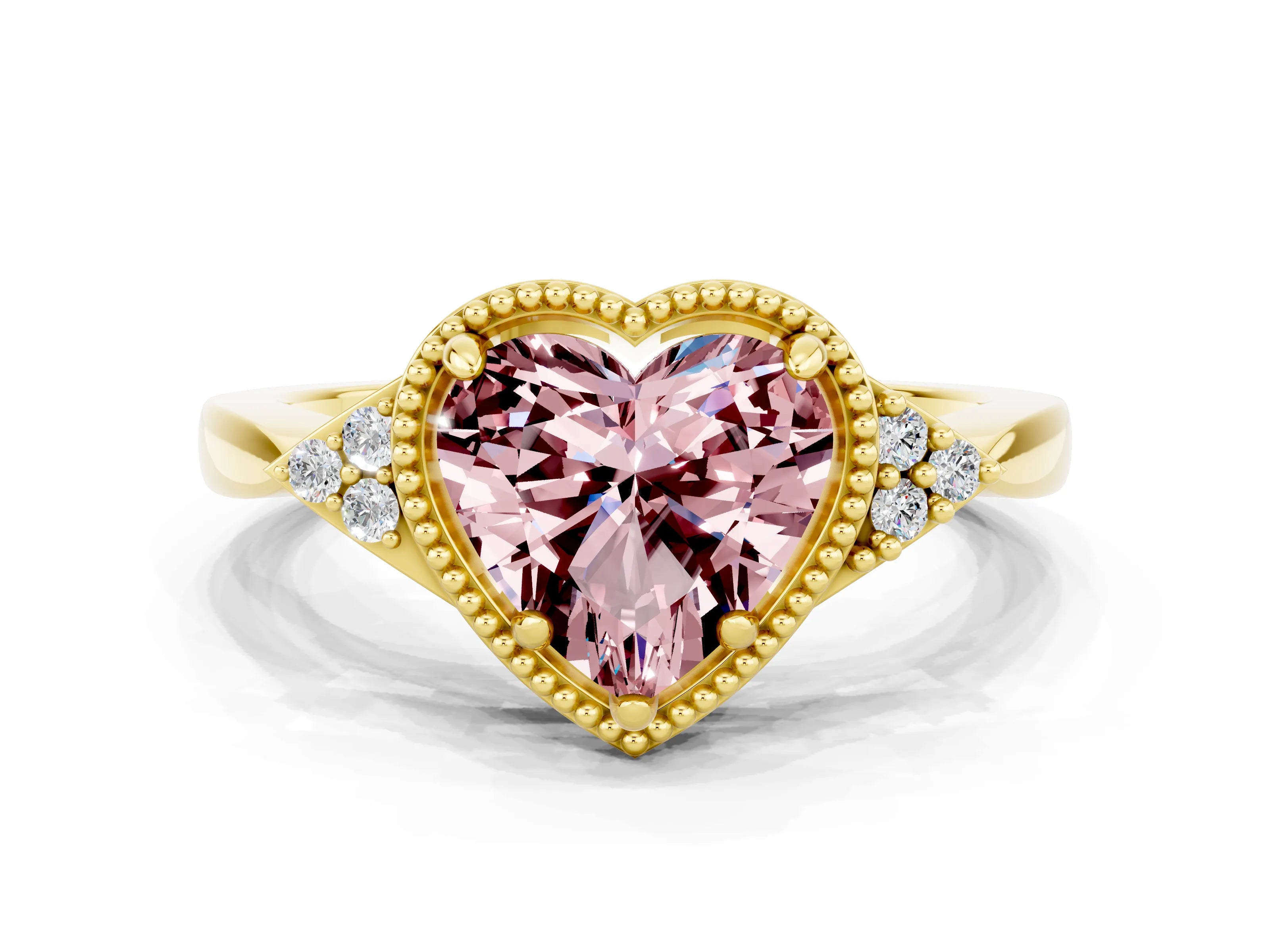 Yellow gold Heart Cut Morganite Halo Ring with Tapered Band and Four-Prong Setting