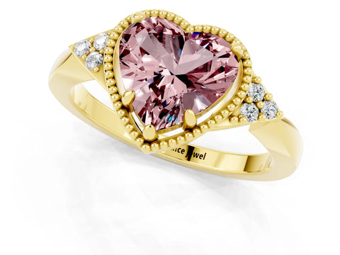 Yellow gold Heart Cut Morganite Halo Ring with Tapered Band and Four-Prong Setting_1