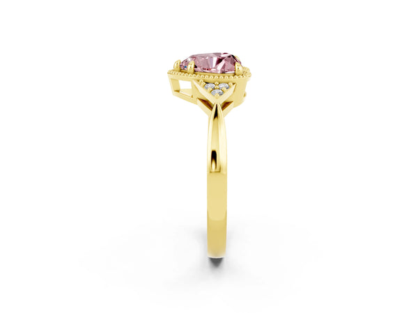 Yellow gold Heart Cut Morganite Halo Ring with Tapered Band and Four-Prong Setting