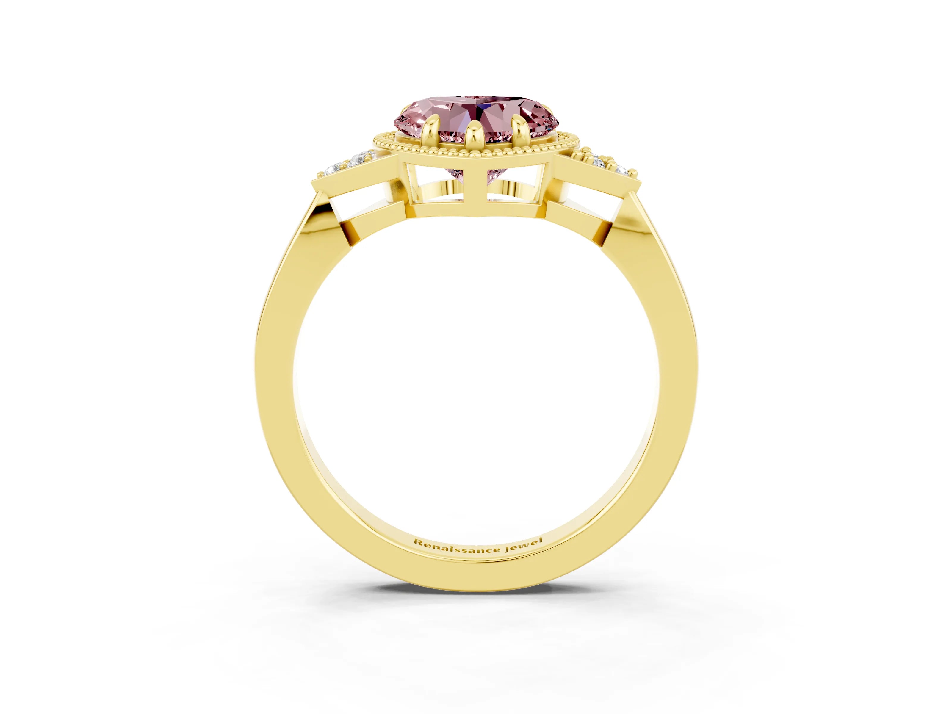 Yellow gold Heart Cut Morganite Halo Ring with Tapered Band and Four-Prong Setting_3
