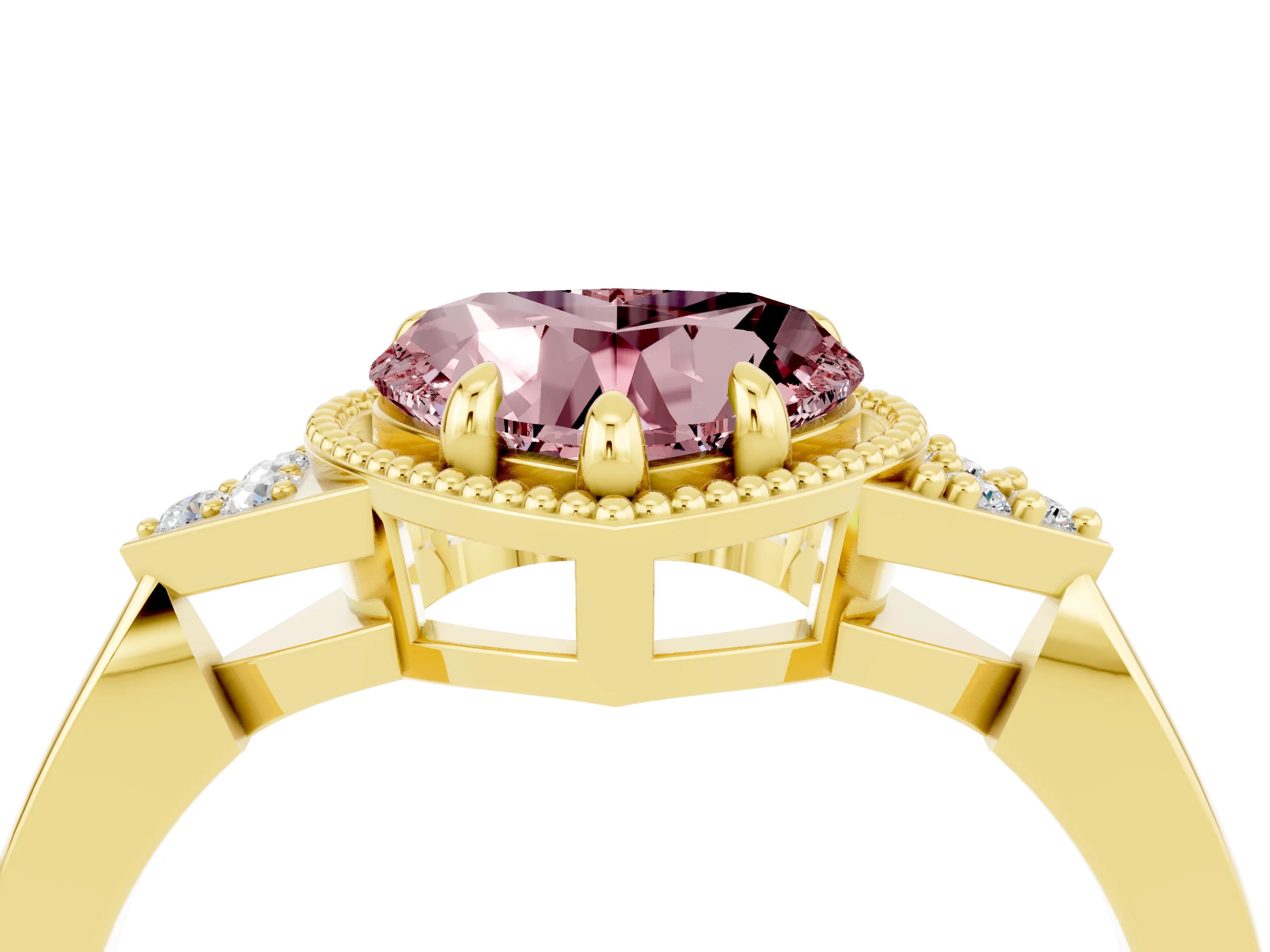 Yellow gold Heart Cut Morganite Halo Ring with Tapered Band and Four-Prong Setting_4