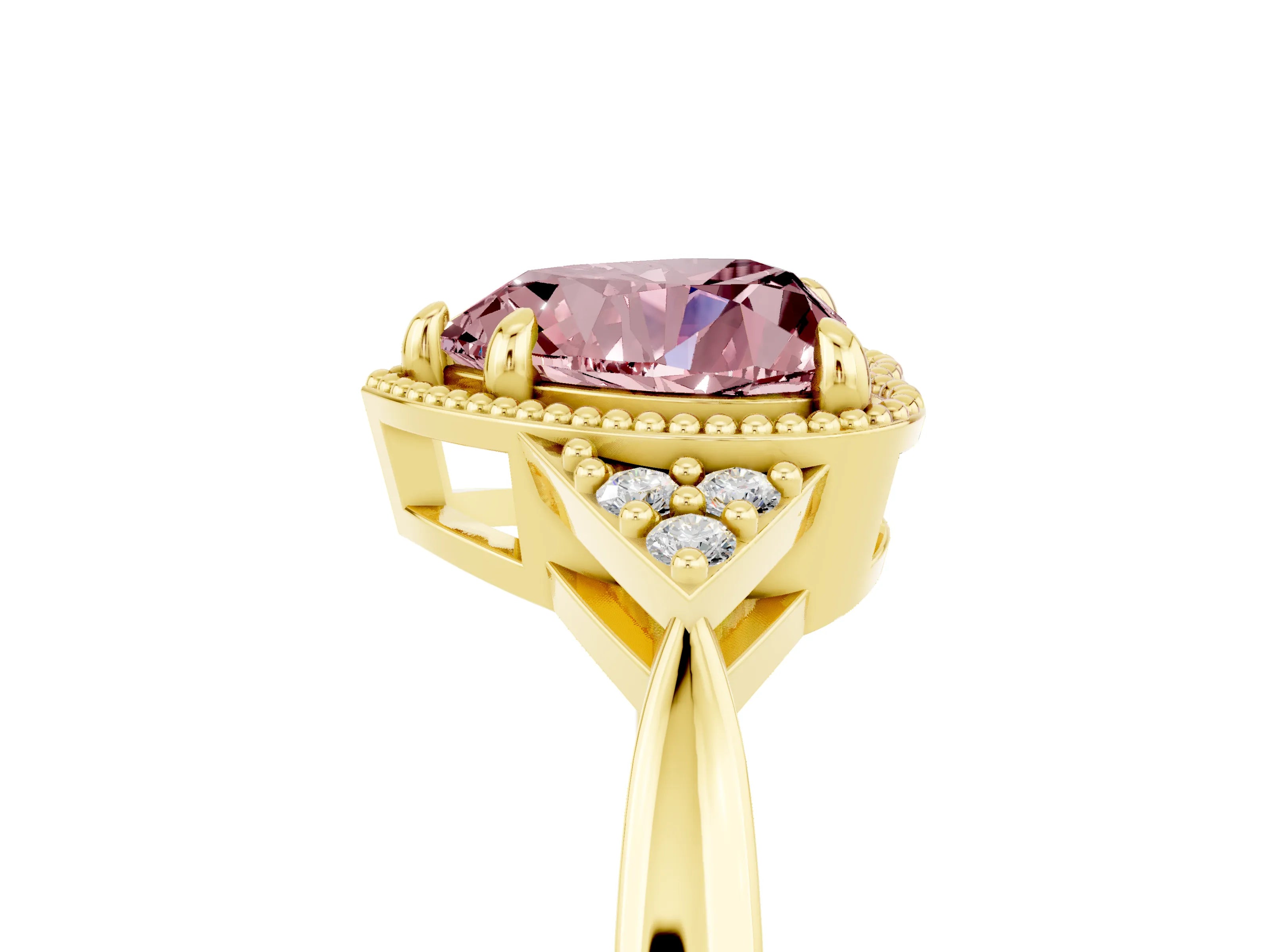 Yellow gold Heart Cut Morganite Halo Ring with Tapered Band and Four-Prong Setting_5