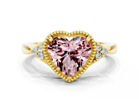 Yellow gold Heart Cut Morganite Halo Ring with Tapered Band and Four-Prong Setting