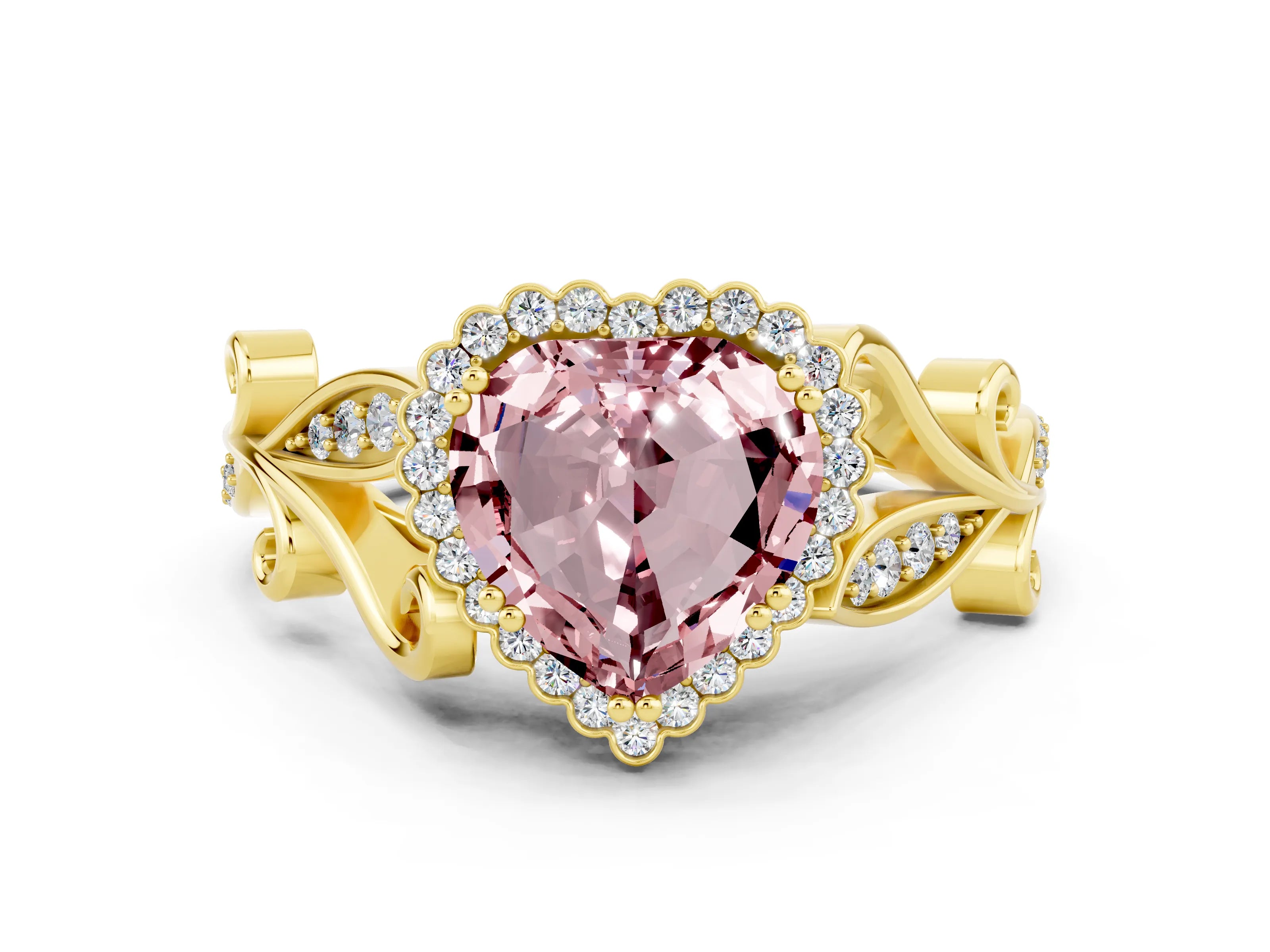 Yellow gold Heart Cut Morganite Halo Ring with Vintage Split Shank and Four-Prong Setting