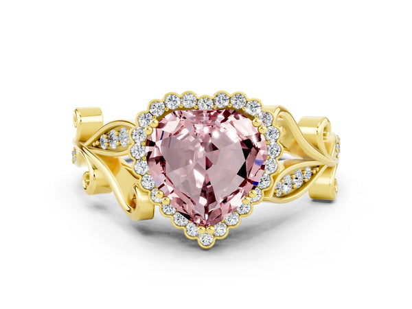 Yellow gold Heart Cut Morganite Halo Ring with Vintage Split Shank and Four-Prong Setting
