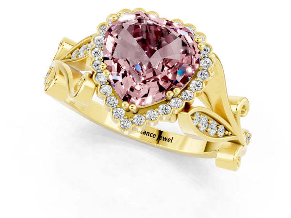 Yellow gold Heart Cut Morganite Halo Ring with Vintage Split Shank and Four-Prong Setting