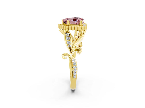 Yellow gold Heart Cut Morganite Halo Ring with Vintage Split Shank and Four-Prong Setting