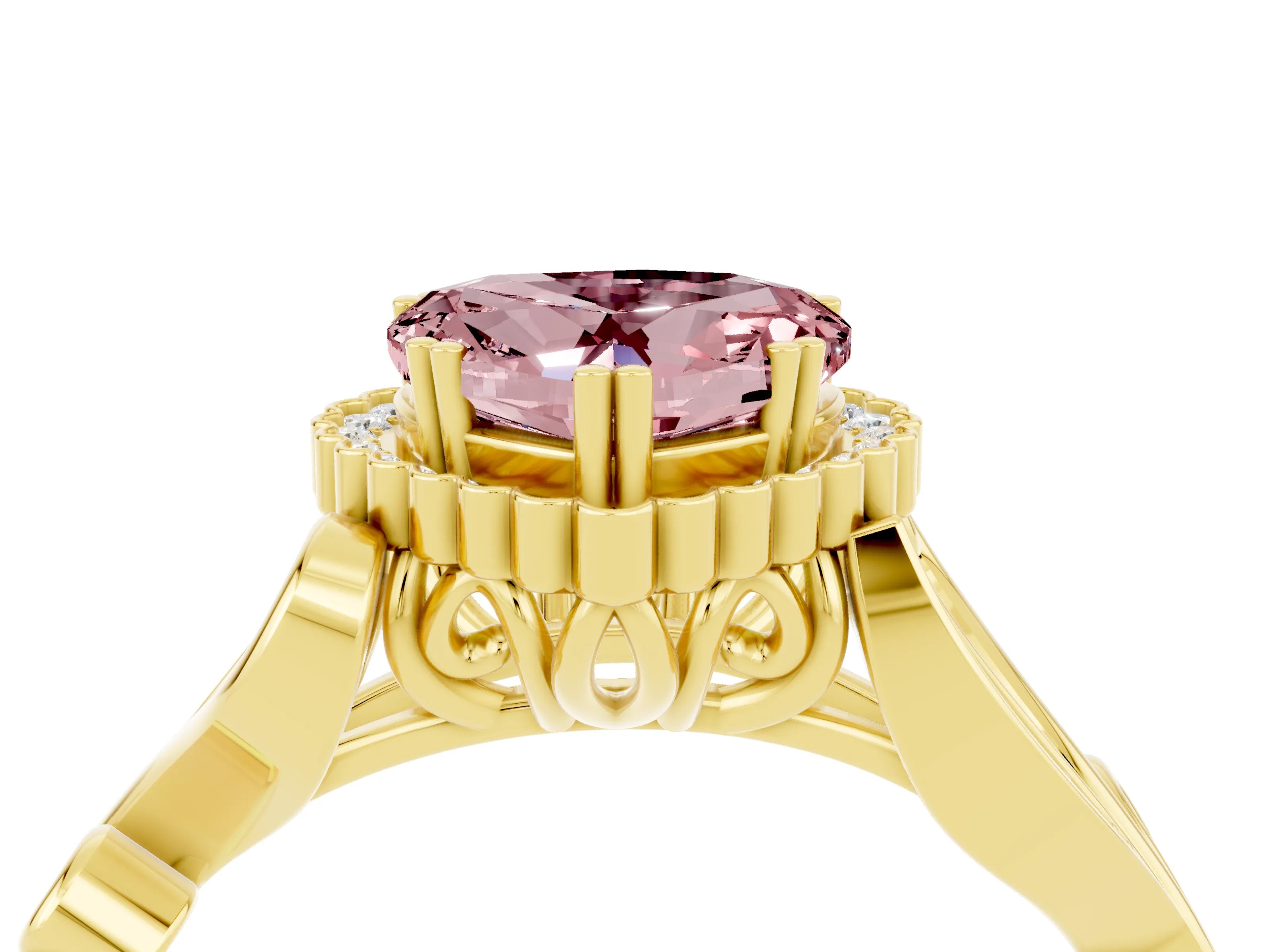 Yellow gold Heart Cut Morganite Halo Ring with Vintage Split Shank and Four-Prong Setting_4