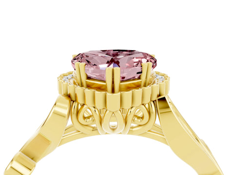 Yellow gold Heart Cut Morganite Halo Ring with Vintage Split Shank and Four-Prong Setting_4