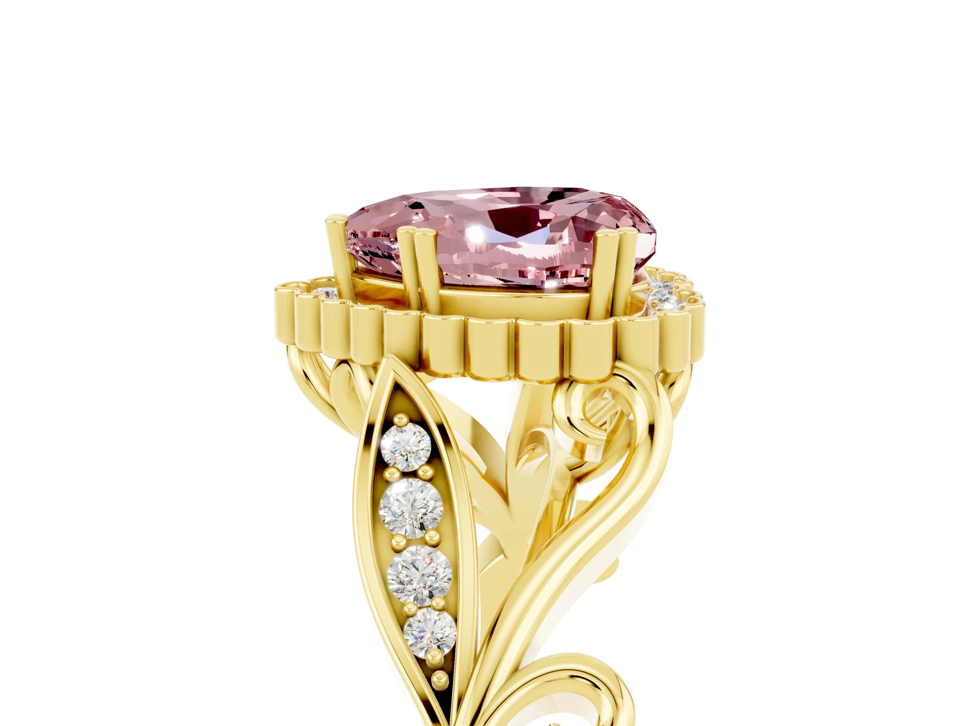 Yellow gold Heart Cut Morganite Halo Ring with Vintage Split Shank and Four-Prong Setting_5