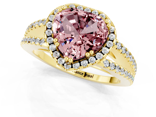 Yellow gold Heart Cut Morganite Halo Split Shank Engagement Ring
