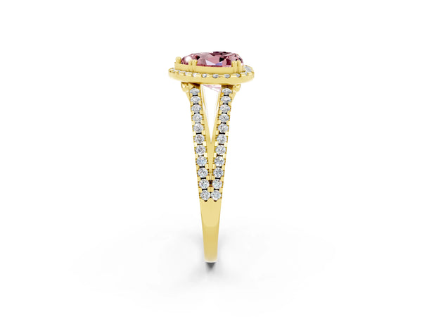 Yellow gold Heart Cut Morganite Halo Split Shank Engagement Ring