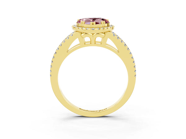 Yellow gold Heart Cut Morganite Halo Split Shank Engagement Ring