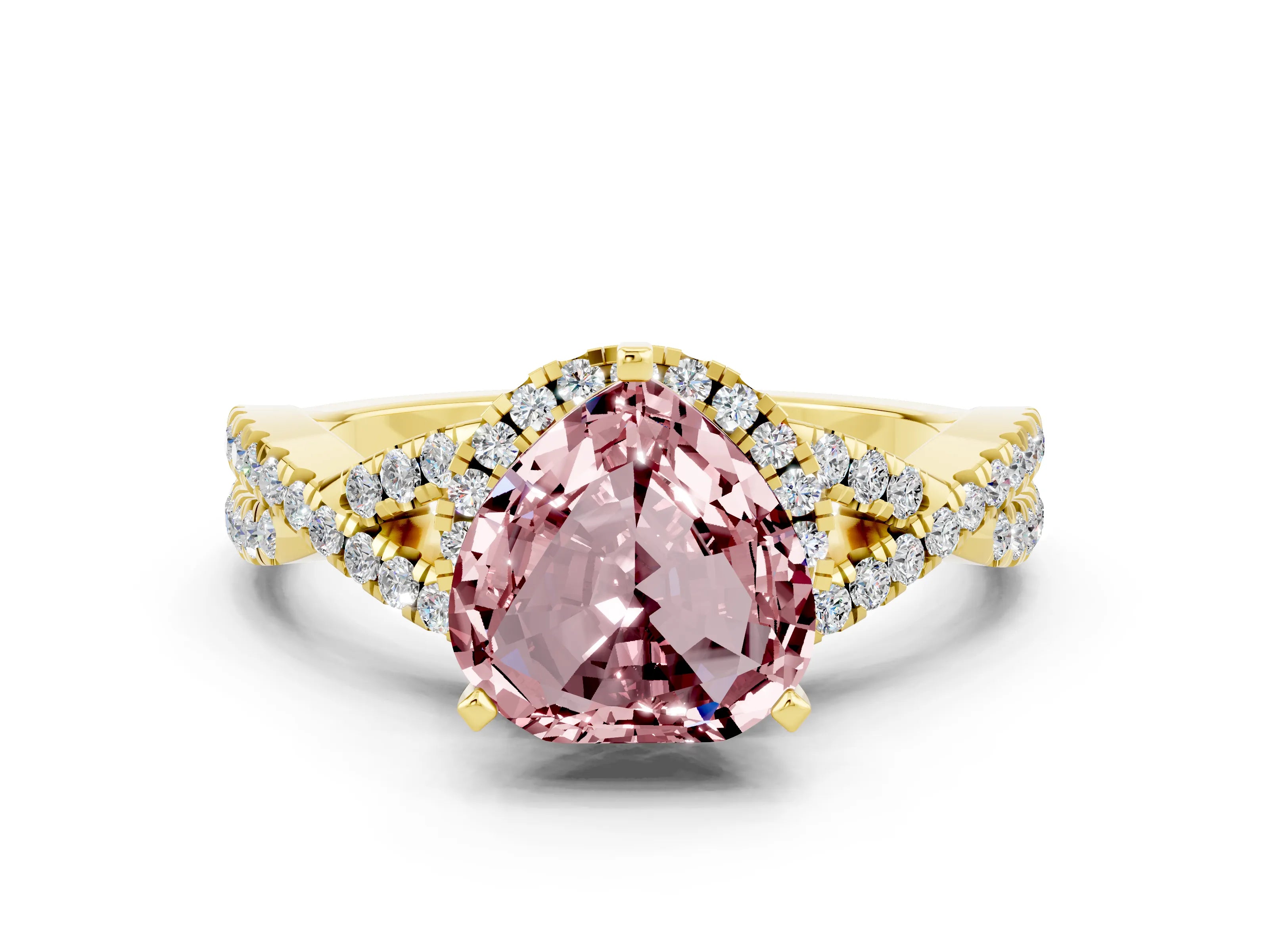 Yellow gold Heart Cut Morganite Halo Twist Band Solitaire Prong Setting Ring