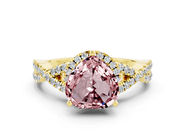 Yellow gold Heart Cut Morganite  Halo Twist Band Solitaire Prong Setting Ring
