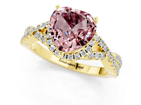 Yellow gold Heart Cut Morganite Halo Twist Band Solitaire Prong Setting Ring_1