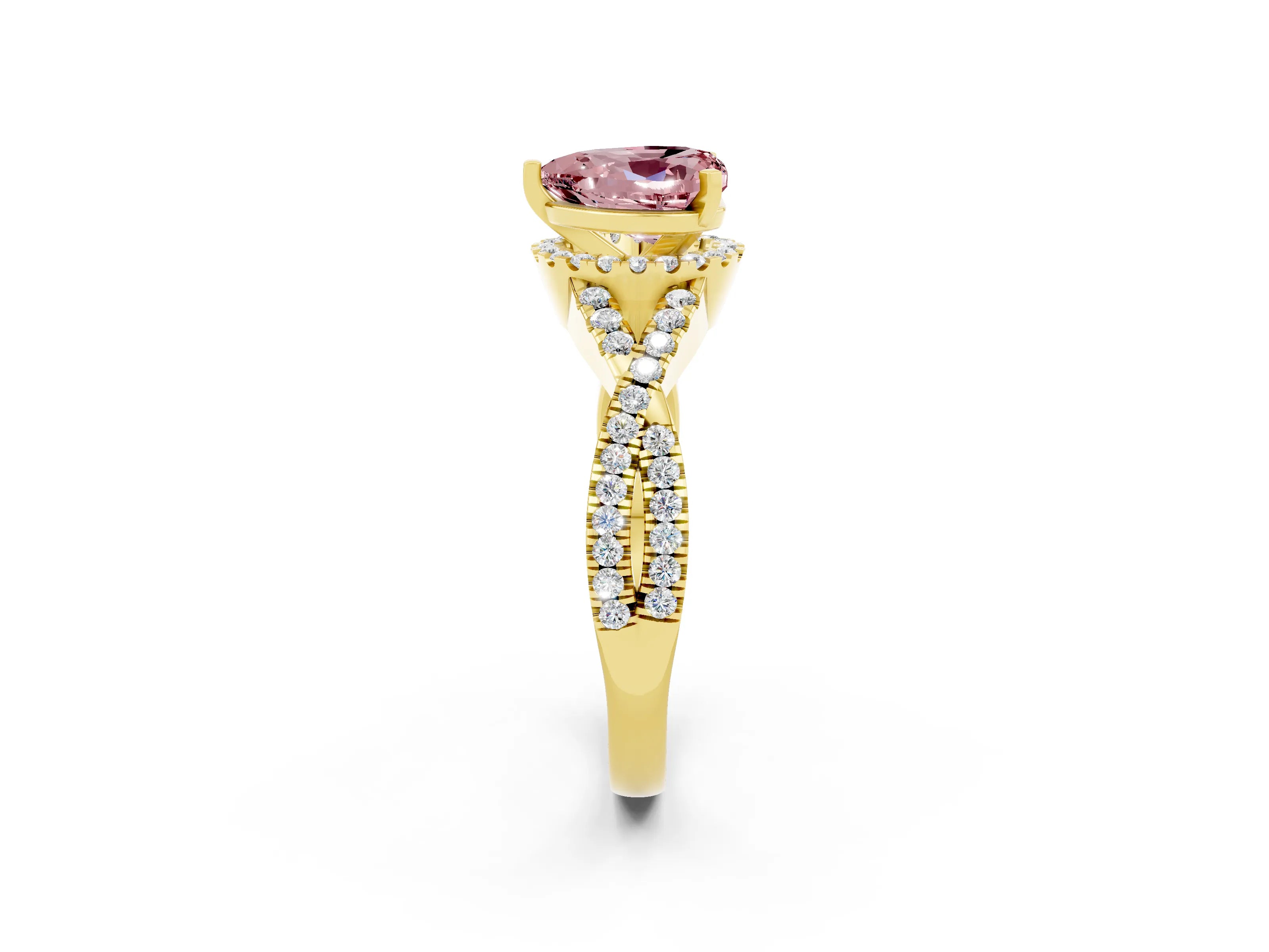 Yellow gold Heart Cut Morganite Halo Twist Band Solitaire Prong Setting Ring_2