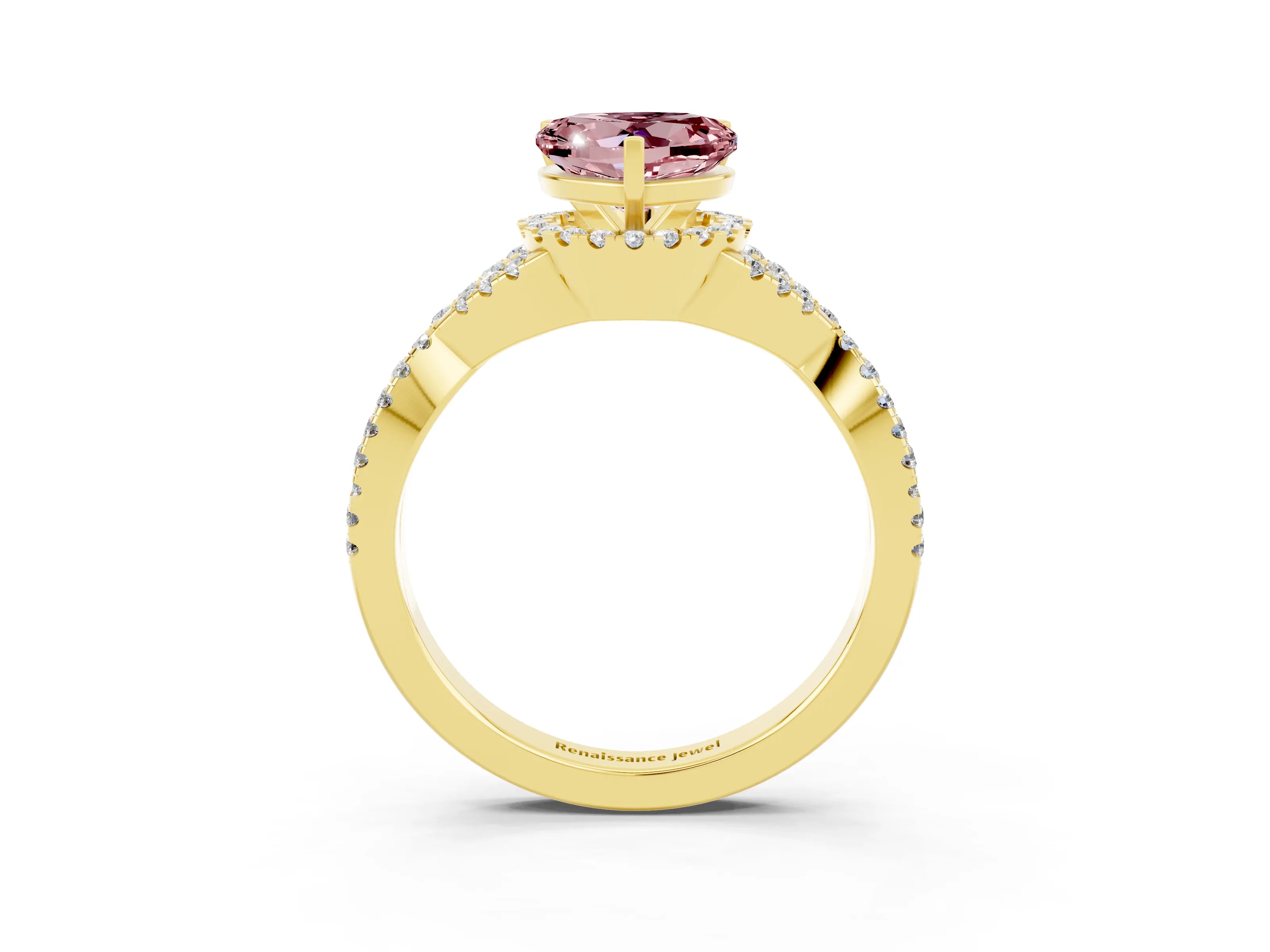 Yellow gold Heart Cut Morganite Halo Twist Band Solitaire Prong Setting Ring_3