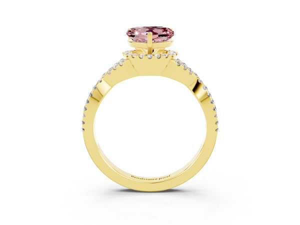 Yellow gold Heart Cut Morganite  Halo Twist Band Solitaire Prong Setting Ring