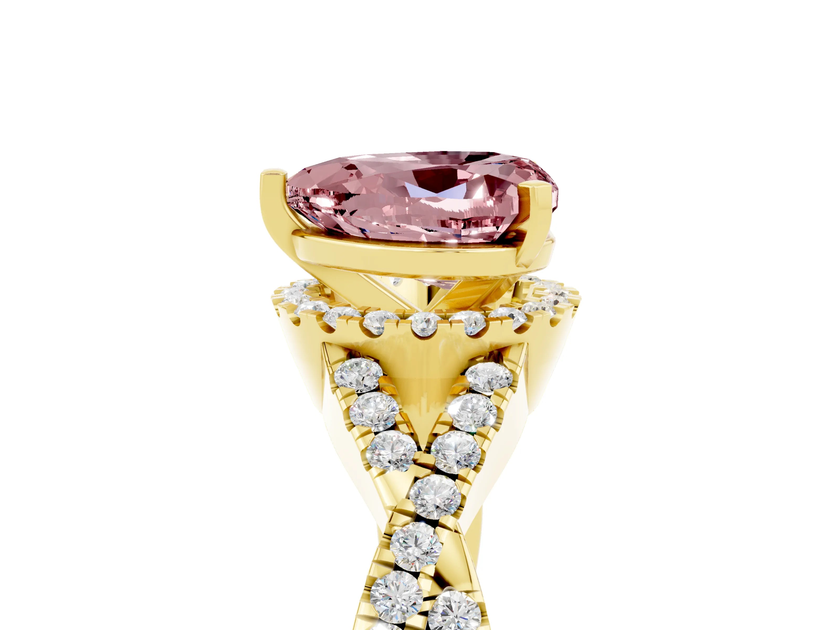 Yellow gold Heart Cut Morganite Halo Twist Band Solitaire Prong Setting Ring_5