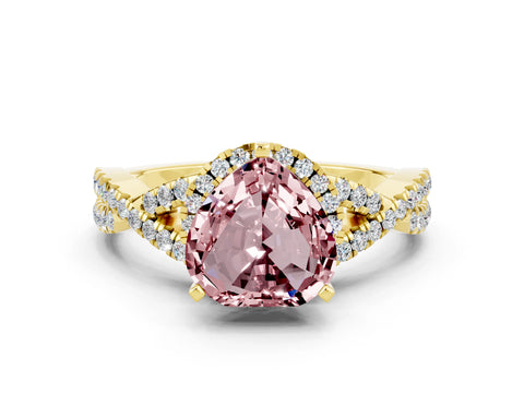 Yellow gold Heart Cut Morganite Halo Twist Band Solitaire Prong Setting Ring