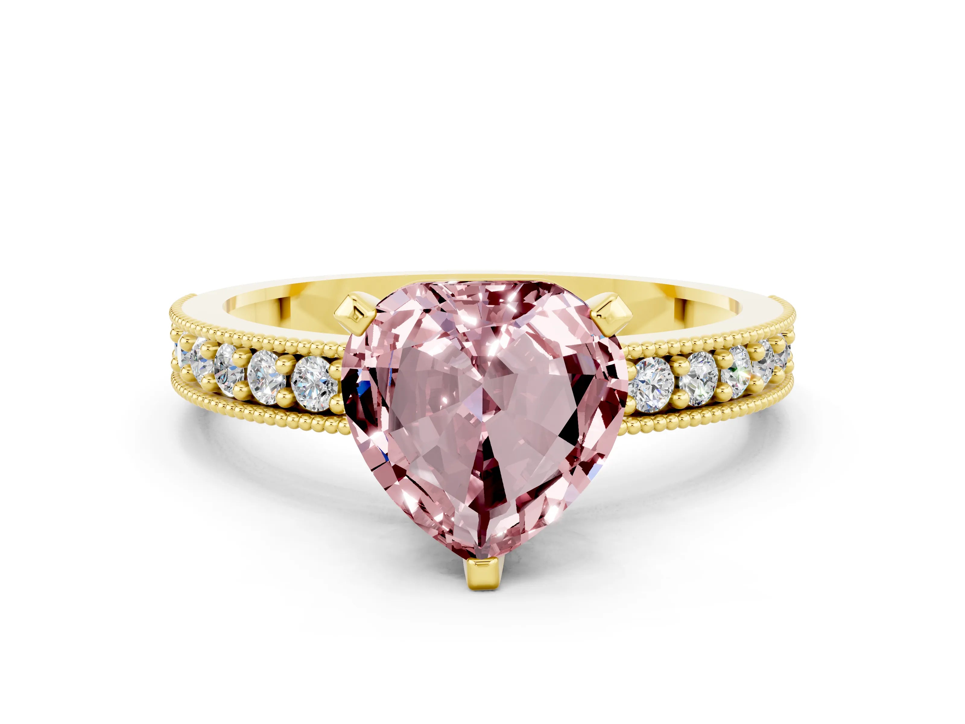 Yellow gold Heart Cut Morganite Milgrain Pavé Engagement Ring with Four-Prong Setting_12